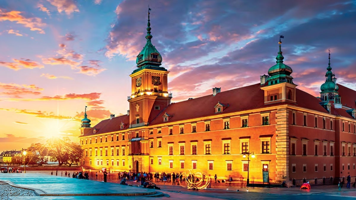 Warsaw’s Castle Square is striking at sunset