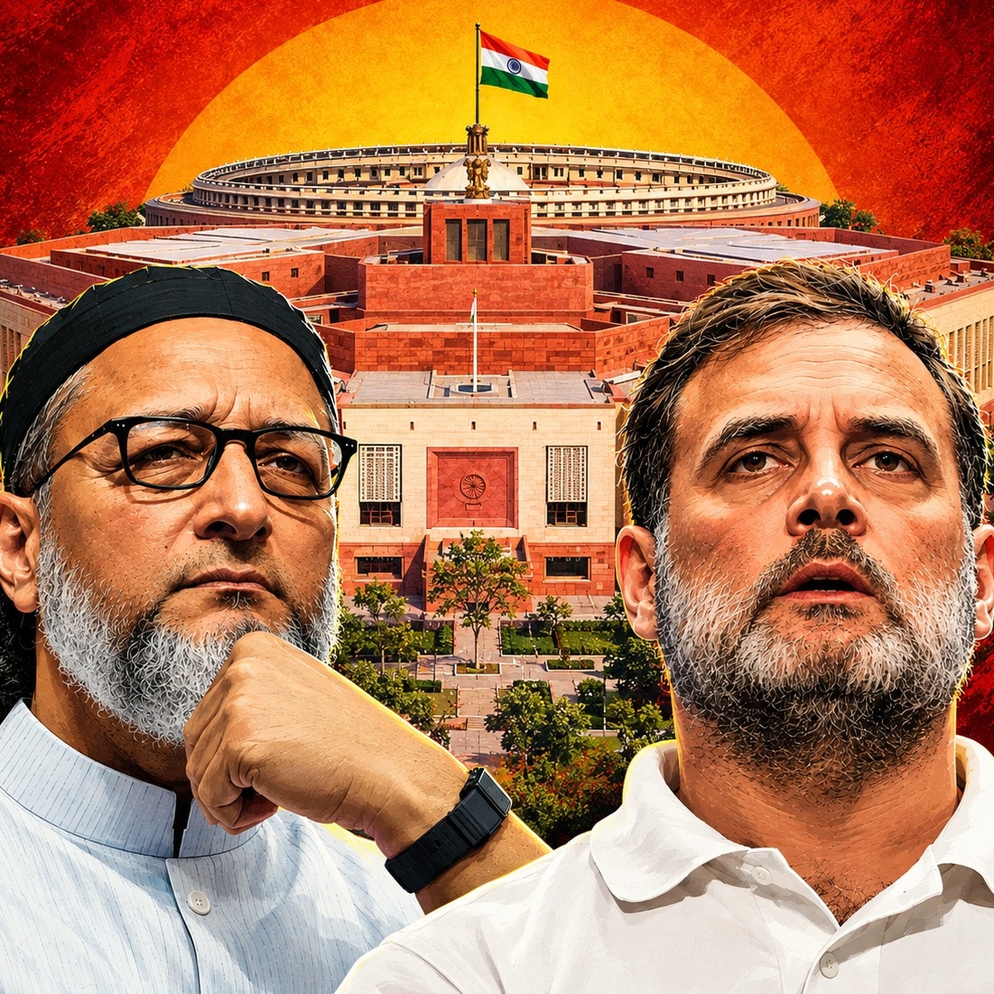 While AIMIM chief Asaduddin Owaisi got an opportunity during the Lok Sabha debate, LoP Rahul Gandhi didn't record his opposition statement. (Image: AI illustration)