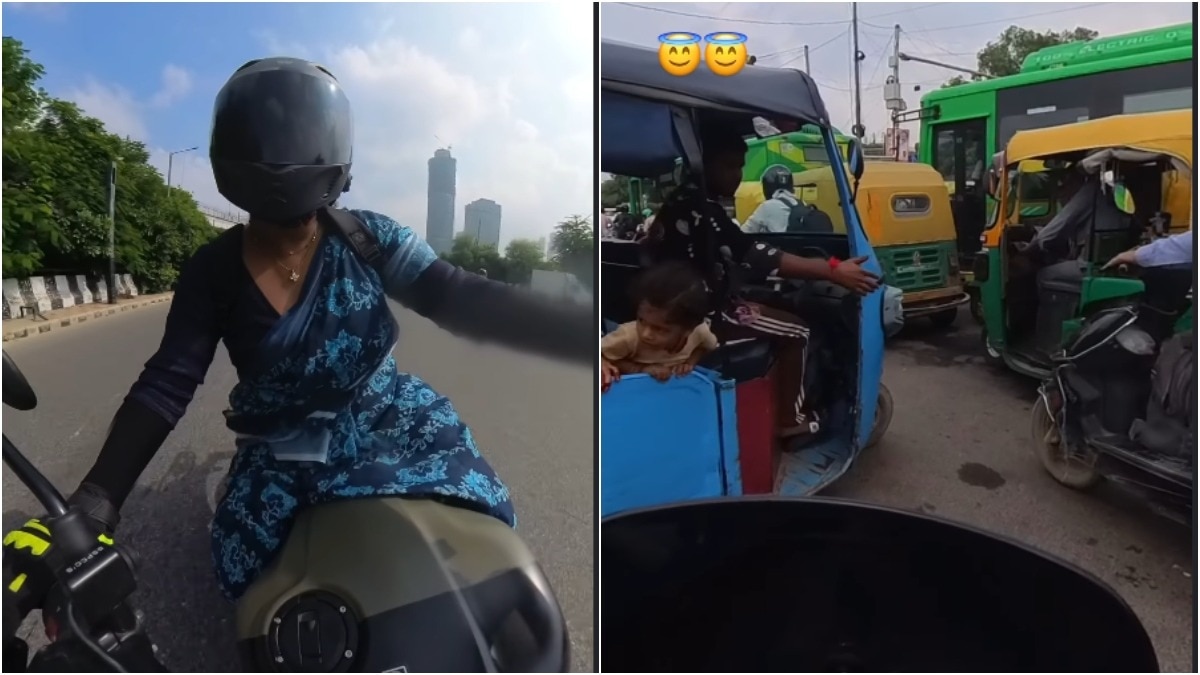 Woman biker rides along Delhi roads in a saree, men cheer her on and make way