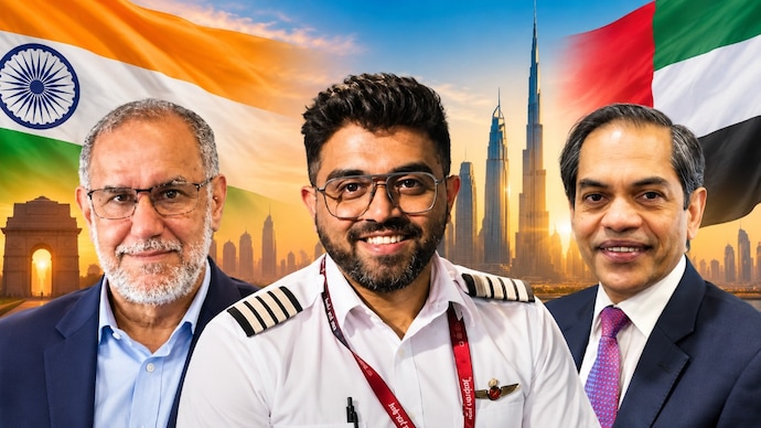 Before Captain Smit Machchhar (centre), former Indian ambassadors Navdeep Singh Suri (L) and Sunjay Sudhir received the UAE's First Class Order of Zayed II. (File/ AI-edit)