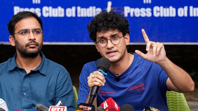 CJP leaders Ashutosh Ranka and Saurav Das. (Photo-PTI) CJP Protest, Jantar Mantar, Ashutosh Ranka, Saurav Das