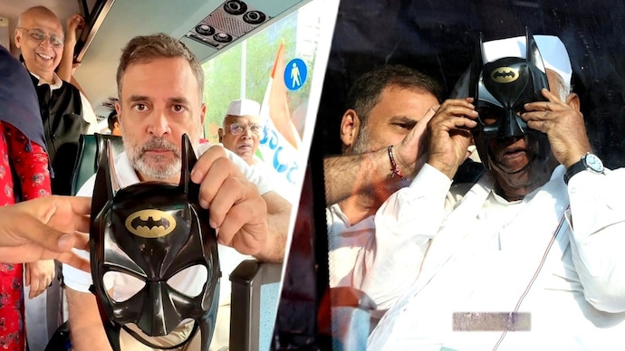 Congress: Seeking inspiration from Batman! (Pic Source: X/NSUI and Reuters) Congress: Seeking inspiration from Batman! (Pic Source: X/NSUI and Reuters)