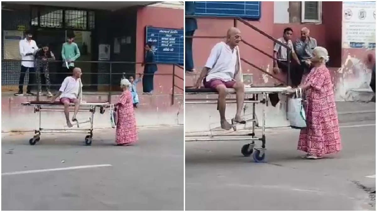 गुजरात अस्पताल में बुजुर्ग महिला ने अकेले मरीज का स्ट्रेचर खींचा