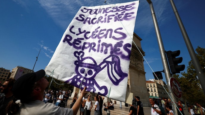A sign reading "Sacrificed youth, repressed high school students" during a Gen Z-led demonstration in France's Marseille. (Reuters)