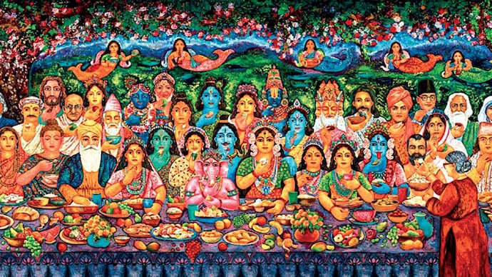 GRAND BANQUET: Jayasri Burman’s tableau ‘Naivedya Nivedan’ (oil on canvas, 2026)