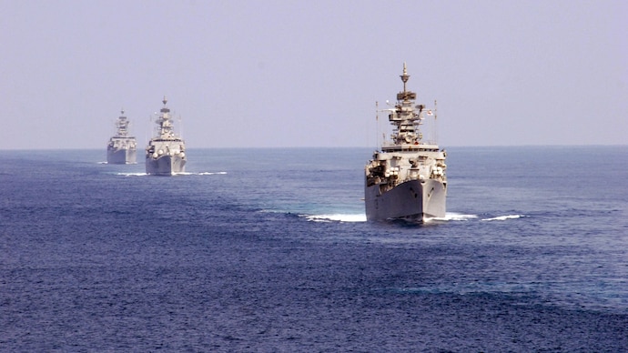 The commissioning of the indigenous multi-purpose vessel INS Samarthak into the Indian Navy took place in in Karwar, Karnataka. (File photo) Indian Navy frigates sailing in formation, image of which was used to wish the US Navy Happy Birthday. (Image: US Navy)
