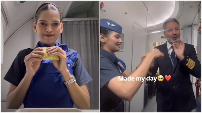 IndiGo flight attendant gets creative with onboard snacks, bakes cake for captain (Photos: @ashu_yadwade12/Instagram) IndiGo flight attendant gets creative with onboard snacks, bakes cake for captain