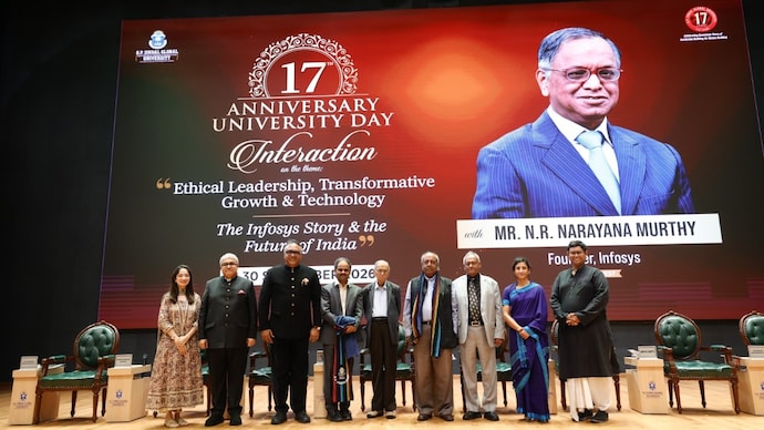 Infosys founder N R Narayana Murthy addressed students at O.P. Jindal Global University’s 17th University Day (Image: JGU) Infosys founder N R Narayana Murthy addressed students at O.P. Jindal Global University’s 17th University Day
