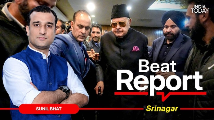 JKNC chief Farooq Abdullah during a meeting, in Srinagar, Tuesday, Oct. 27, 2026. Supporters of party MLA Mubarak Gul raise slogans after he was left out of the J-K Cabinet during the meeting. (PTI Photo/Burhaan Kinu)