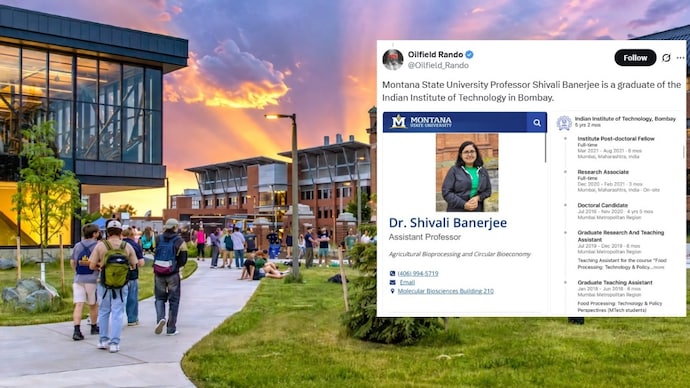 Picture of the Montana University (montana.edu) and the X post that introduced Dr Shivali Banerjee as a professor of the university (inset).