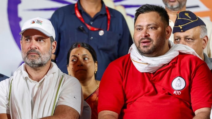 Congress, RJD set for direct contests in 3 Bihar MLC seats. (Photo: PTI) Rahul Gandhi and Tejashwi Yadav