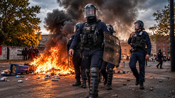 Riot police walk past burning trash as students protest in France's Toulouse on October 12. (Image: AFP/ AI-edit) Riot police walk past burning trash as students protest outside Lycée Toulouse-Lautrec in Toulouse, France, on October 12. (AFP)