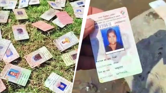 The cards were found at a ghat in Mandleshwar, around 65 km from the Khargone district headquarters. (Screen grabs: ITG)