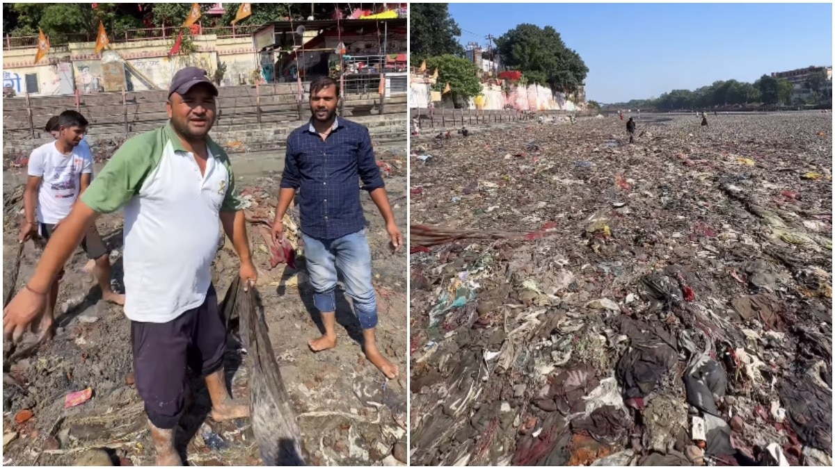 हरिद्वार में कचरे से भरे गंगा नदी के किनारे की सफाई करते स्वयंसेवक