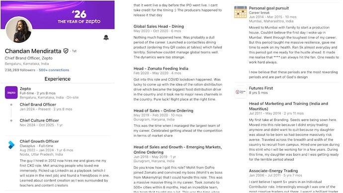 Zepto CBO Chandan Mendiratta's Linkedin profile is a treat to read. (Photos: LinkedIn) Zepto