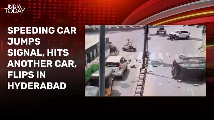 Speeding car hits another vehicle in Hyderabad, overturns multiple times hyderabad car accident