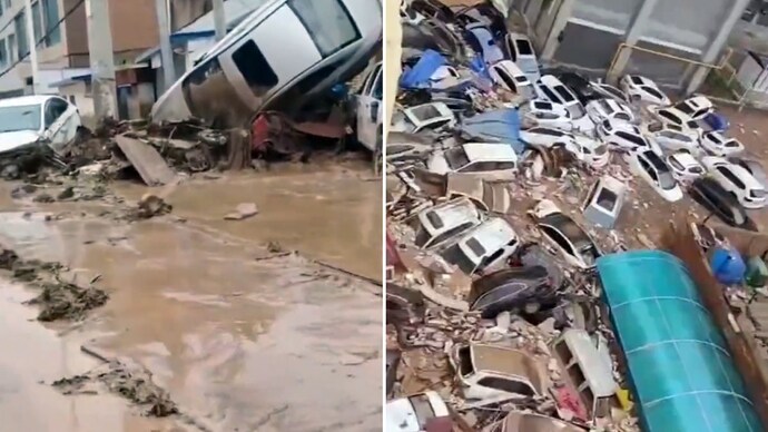 Video: Flash floods in China turn parking area into graveyard of cars