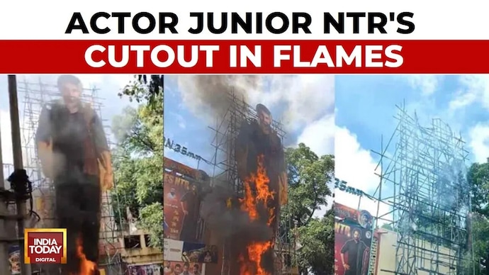Junior ntr's cutout catches fire at Sudarshan Theatre, Hyderabad