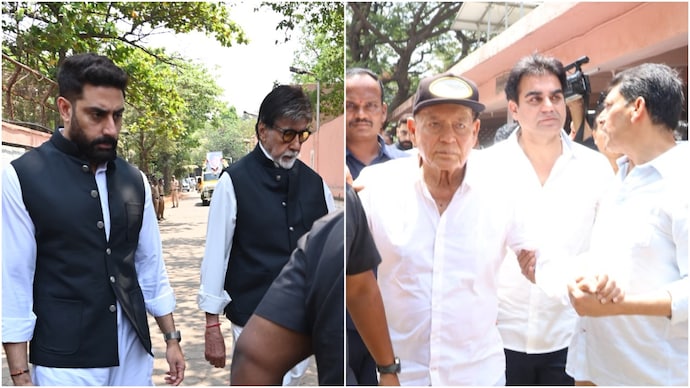 Amitabh Bachchan, Salim Khan and Celebs attend the funeral of Manoj Kumar. Watch Various celebs at Manoj Kumar's funeral. (Photos: Yojana Shah)