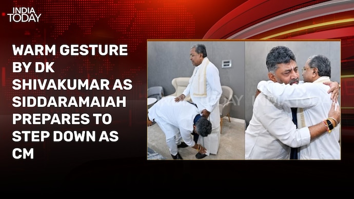 DKS touches Siddaramaiah's feet, hugs him as Karnataka CM prepares to step down DK Shivakumar, Siddaramaiah