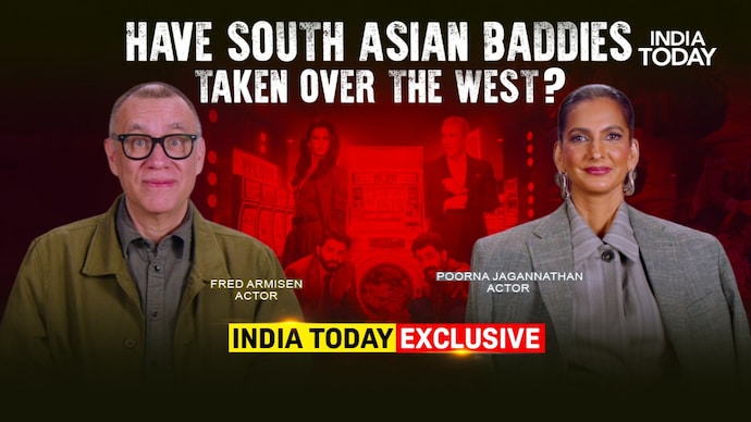 WATCH: Poorna Jagannathan on South Asian Representation in the West, Fred Armisen, Deli Boys Poorna Jagannathan and Fred Armisen in Deli Boys S2. Credits: Hulu/Jio Hotstar