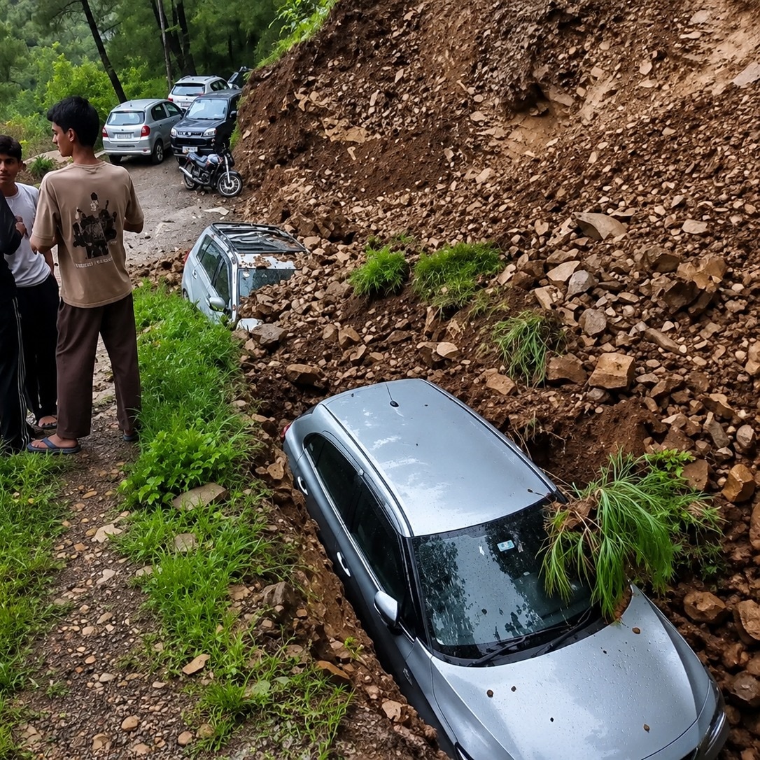 Video: Landslide buries two parked cars in Shimla amid heavy rain