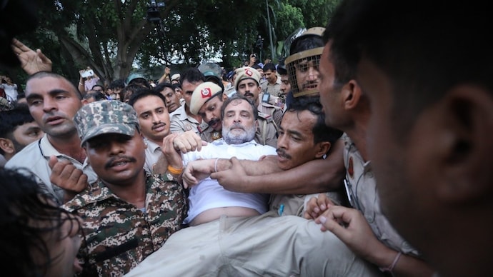 Rahul Gandhi dragged, detained at PM residence protest site; seen with bleeding nose