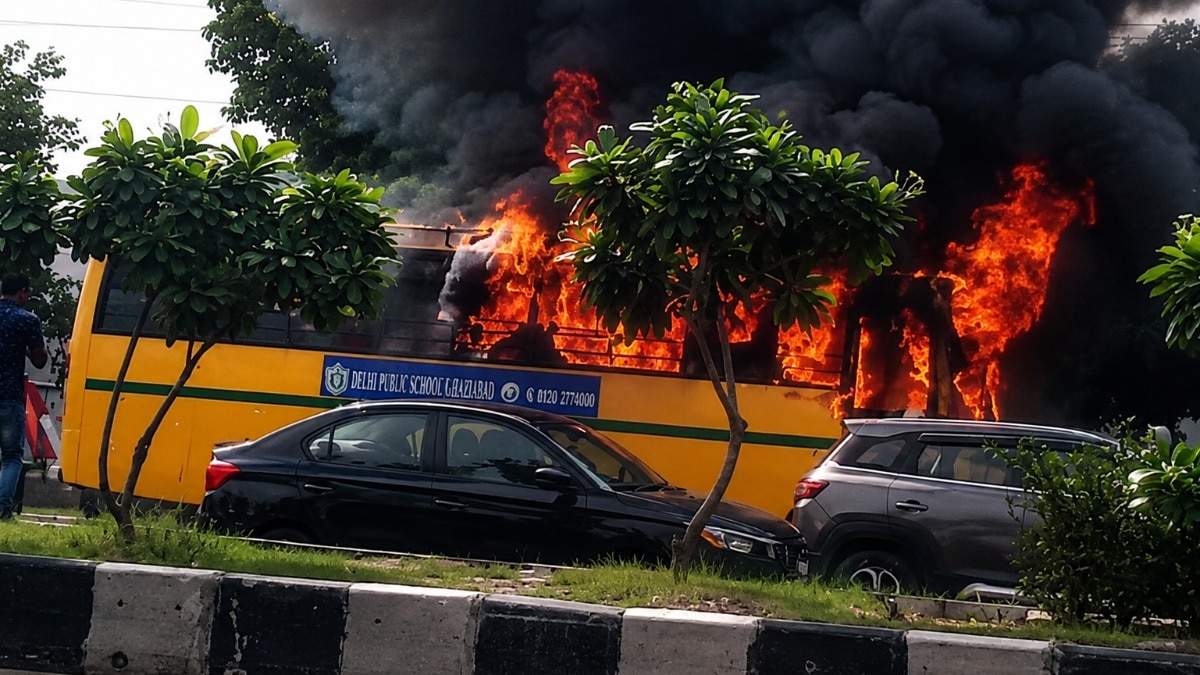 Video: School bus turns into massive fireball on busy road in Ghaziabad