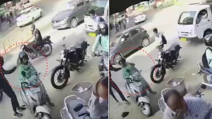 Caught on CCTV: Man snatches woman’s gold chain in busy Jaipur market, escapes on bike