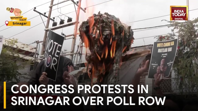 Congress Protests Against BJP in Srinagar, Burns Effigy, Demands Ganesh Kumar Resign Congress Protests in Srinagar Over Poll Row