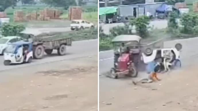 Caught on CCTV: Auto flung into air as tractor hits it while turning, man dragged 50 metres