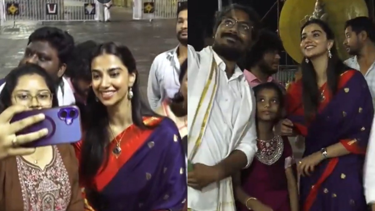 Actor Meenakshi Chaudhary visits Tirumala, fans jostle for selfies