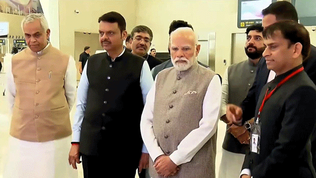PM Modi and Maharashtra CM Devendra Fadnavis at the inauguration of Navi Mumbai International Airport.