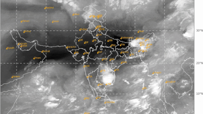 IMD's latest visible channel satellite image shows thin, diffuse cloud cover over north India. The absence of bright white cloud clusters suggests Delhi is unlikely to receive significant rainfall in the near term. (Credit: IMD)