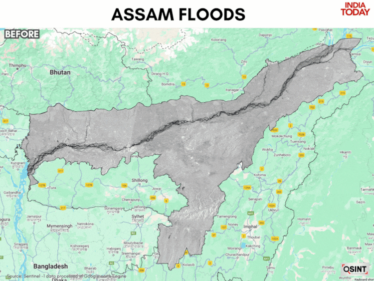 Blue shades represent flooding across Assam.