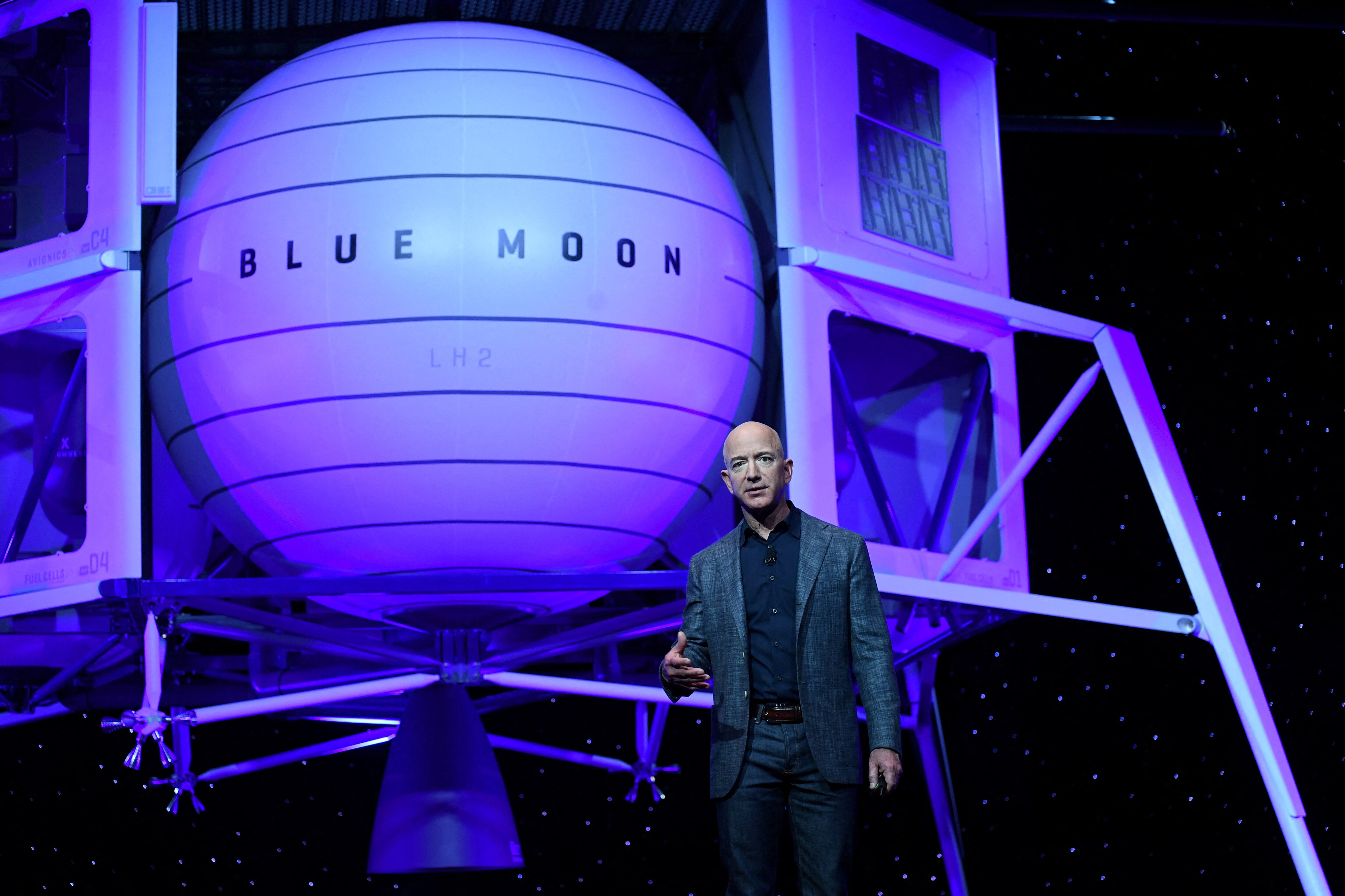 Jeff Bezos unveils his space company Blue Origin's space exploration lunar lander rocket called Blue Moon. (Photo: Reuters)