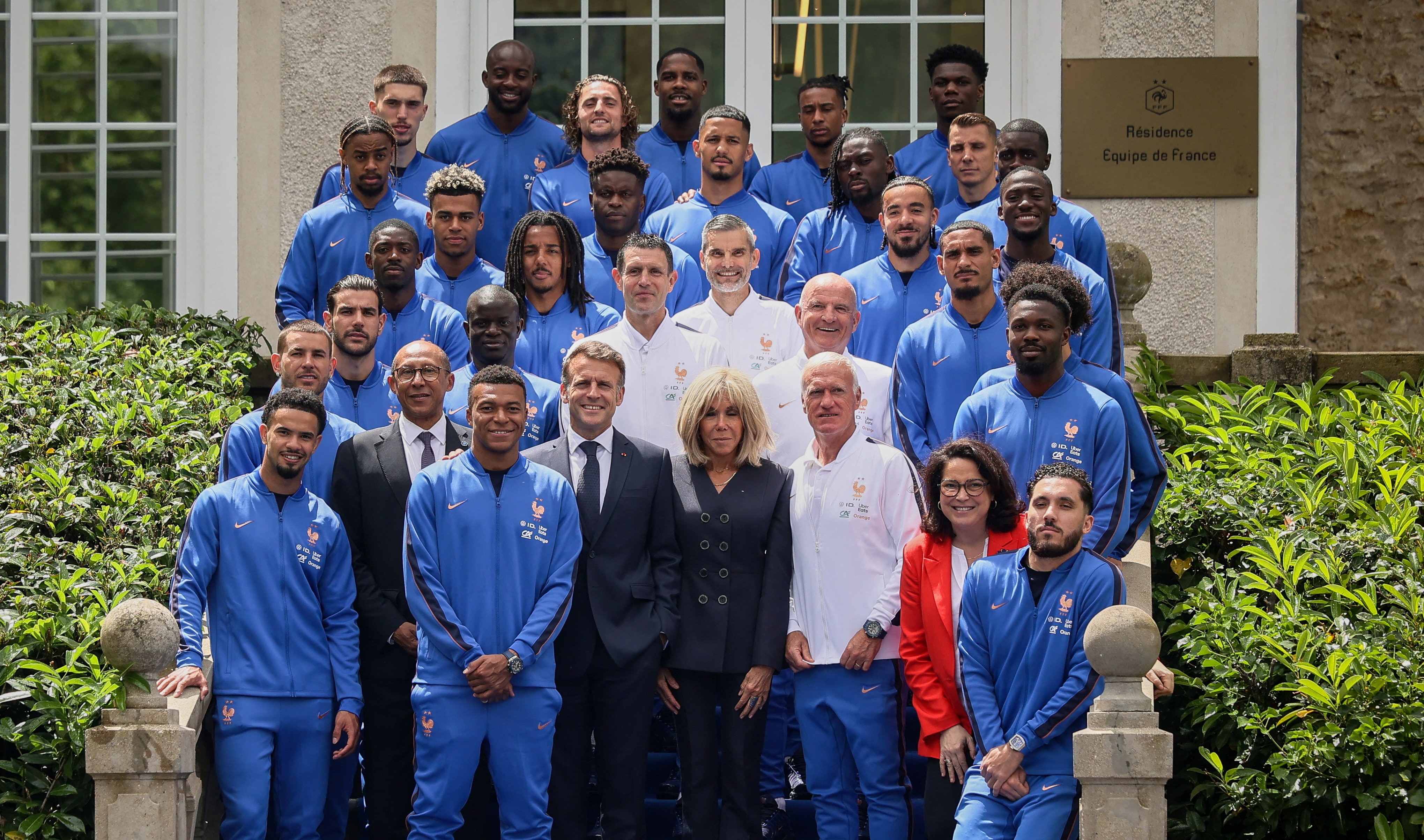 The French football team alongside the President, Emmanuel Macron and his wife Brigitte Macron. (Image: Reuters)