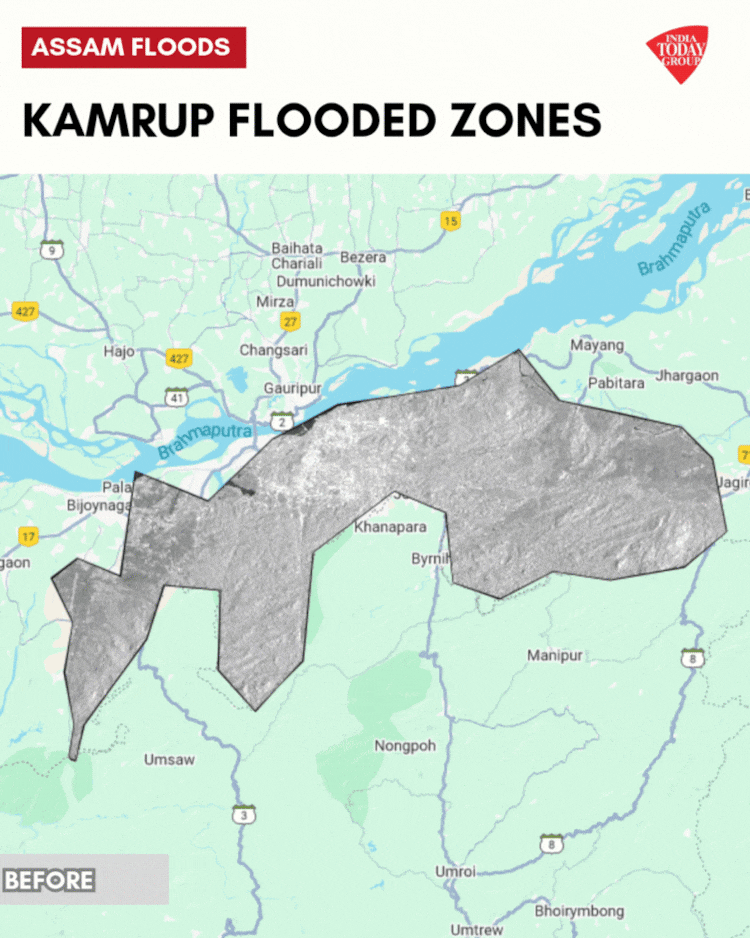Blue shades represent flooding in Kamrup.