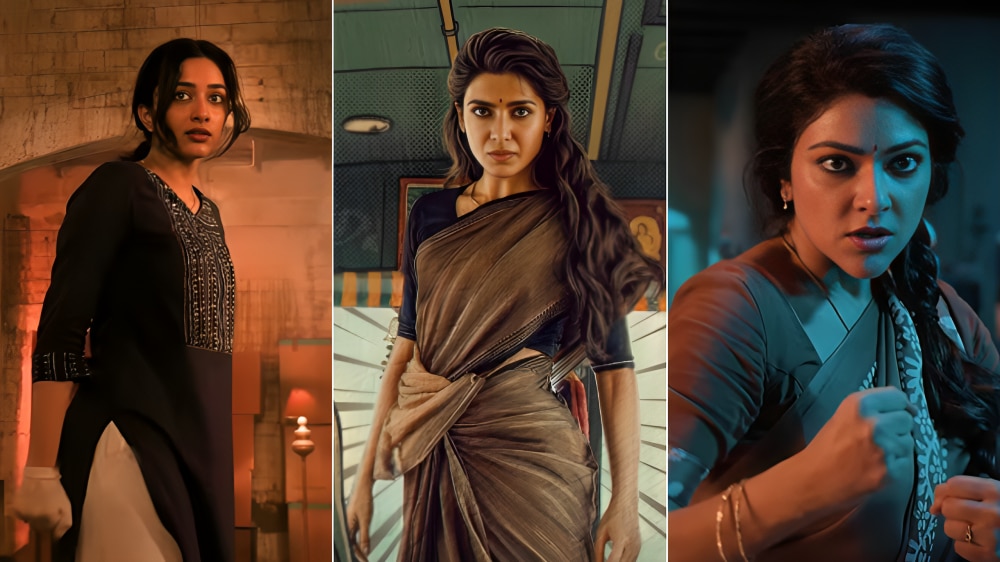 Neela played by Preeti Mukundan (left), Swarna played by Samantha (centre) and Neelaveni played by Abhirami (right)