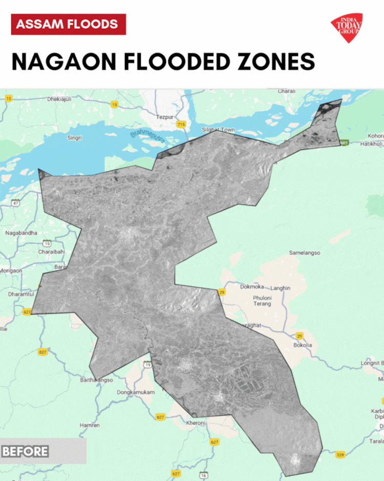 Blue shades represent flooding in Nagaon.
