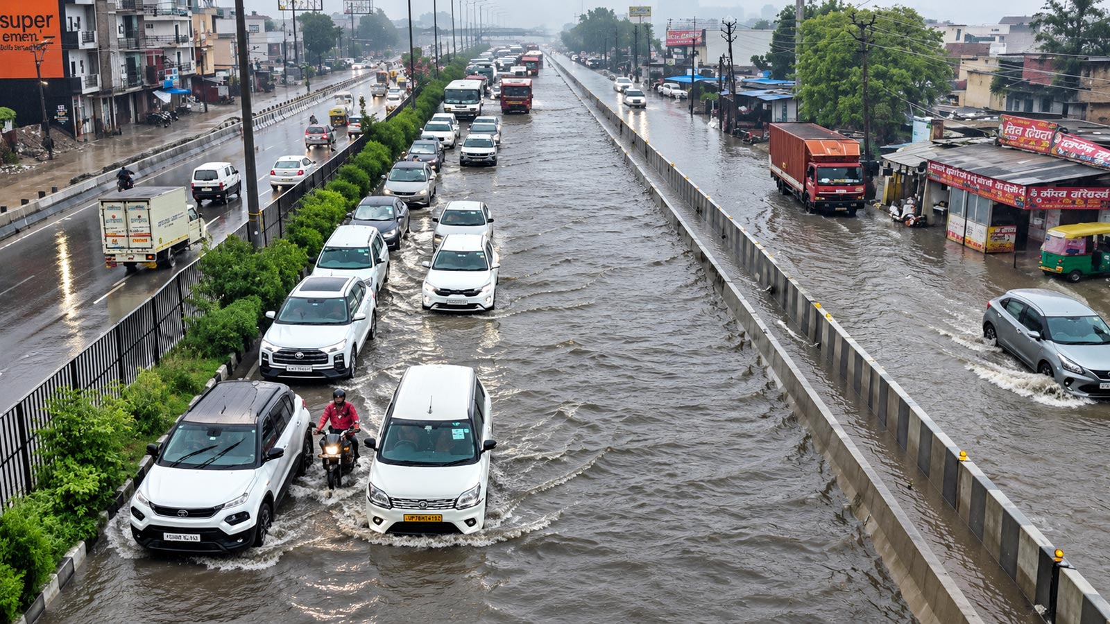 Vehicles are stuck on a flooded road after heavy rains in New Delhi. (Photo: Reuters)