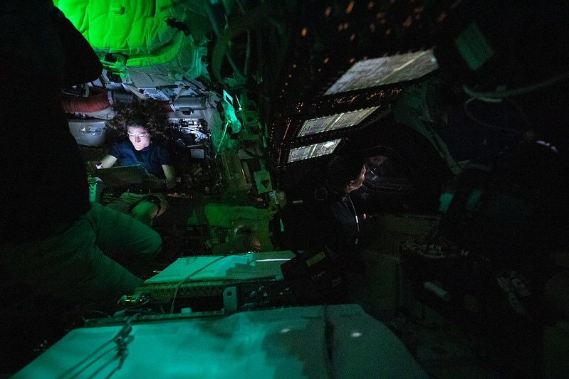 A screen illuminates the inside of the darkened Orion spacecraft on the third day of the mission. (Photo: Nasa)