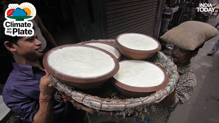 Labourers lift pots filled with curd from a roadside milk shop in Kolkata. (Photo: Reuters)
