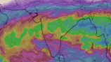 An animated upper-tropospheric wind map shows the Tropical Easterly Jet flowing westward at altitudes of 13 to 14 kilometres over southern India, the southern Bay of Bengal, and the southern Arabian Sea. (Credit: Windy)
