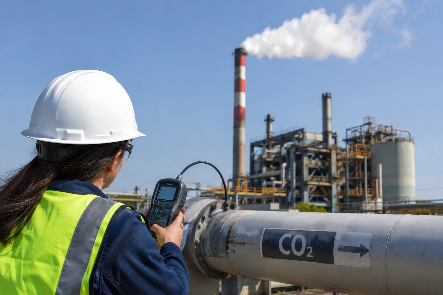A worker measures carbon emissions at a factory. (Photo: Generative AI)