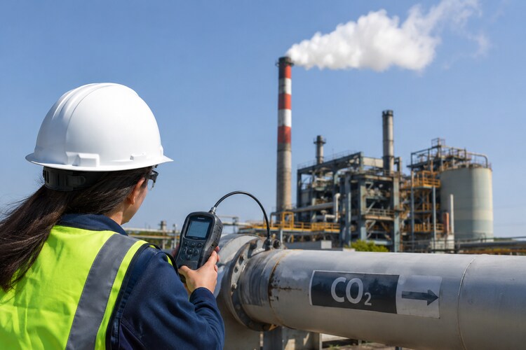 A worker measures carbon emissions at a factory. (Photo: Generative AI)