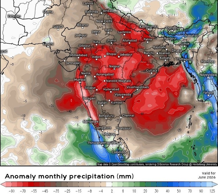 A weather map by ECMWF shows the rain prediction in June across India. (Photo: X/@natarajan88)