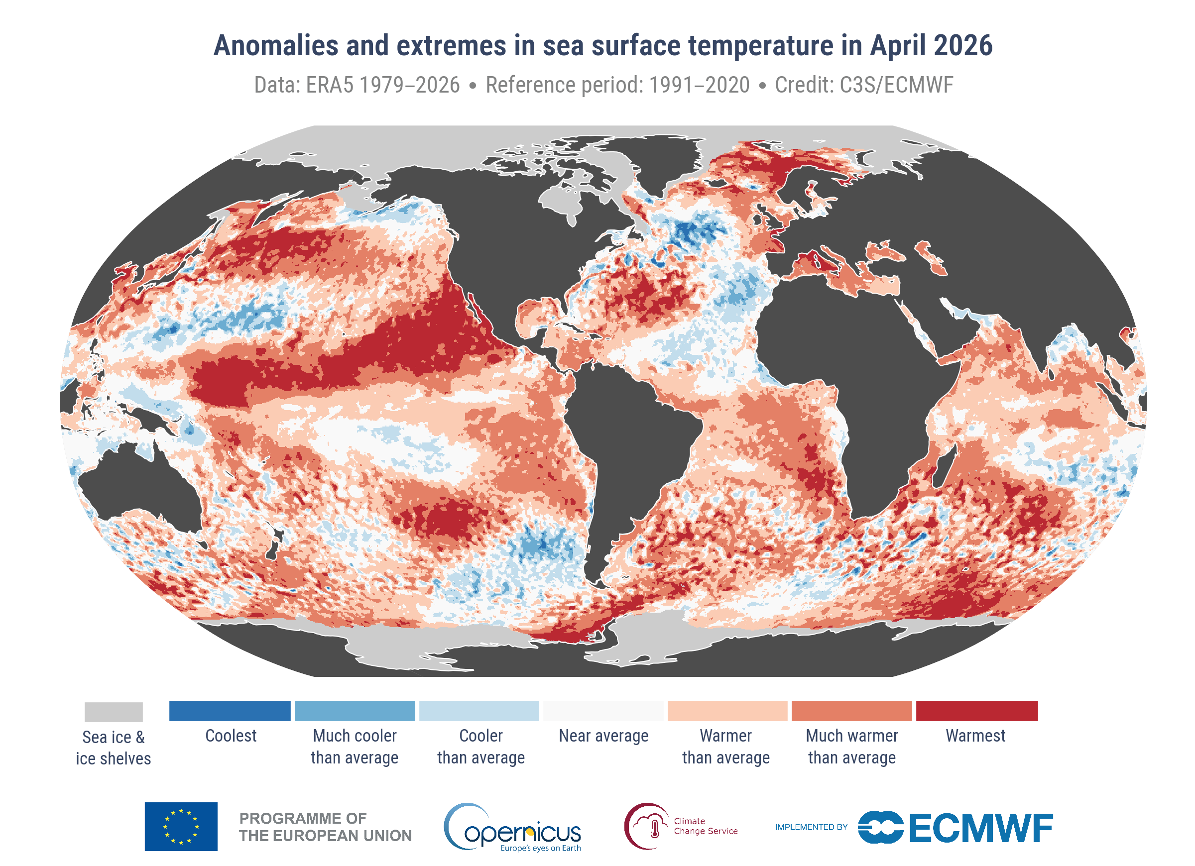 An illustration showing extreme sea surface temperatures in 2026. (Photo: ECMWF)