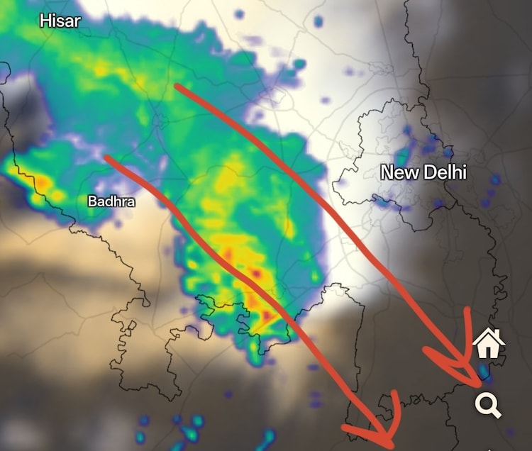 A satellite image shows a storm near Delhi that will affect only a few regions. (Photo: X/@allindiaweather))