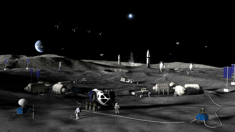 A concept art shows astronauts on the Moon alongside Lunar vehicles. (Photo: Nasa)